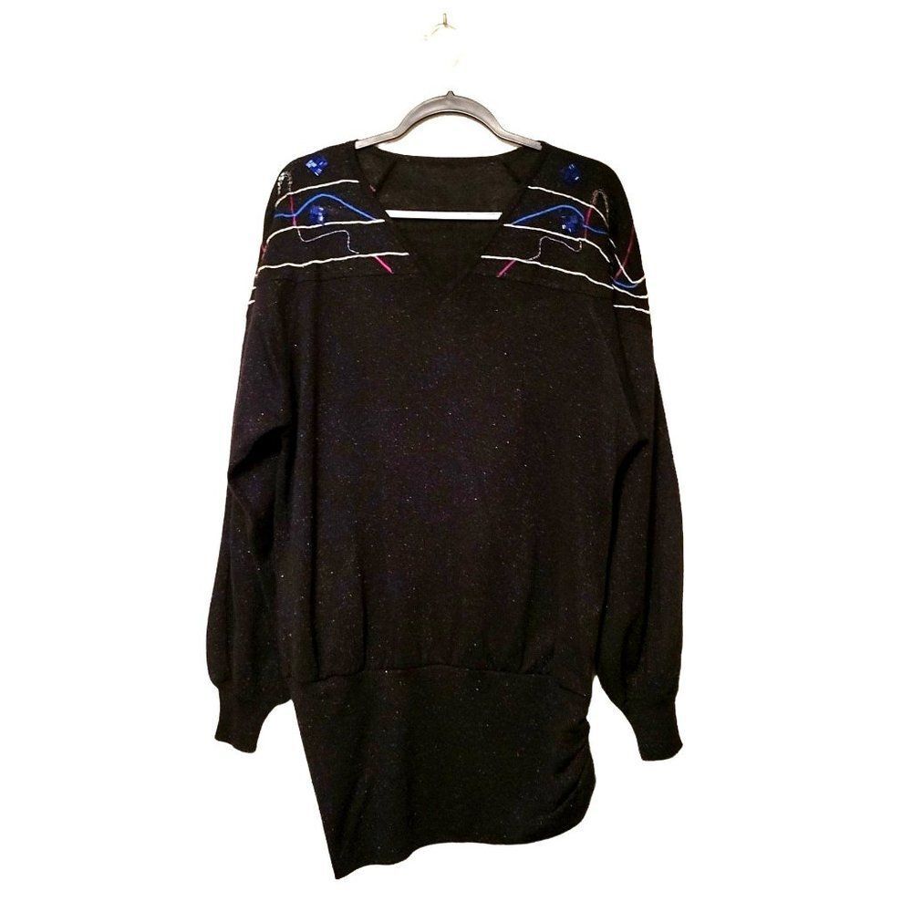 Womens Skimmer Top Black Vintage M/L  80s Oversized Blouse V-neck